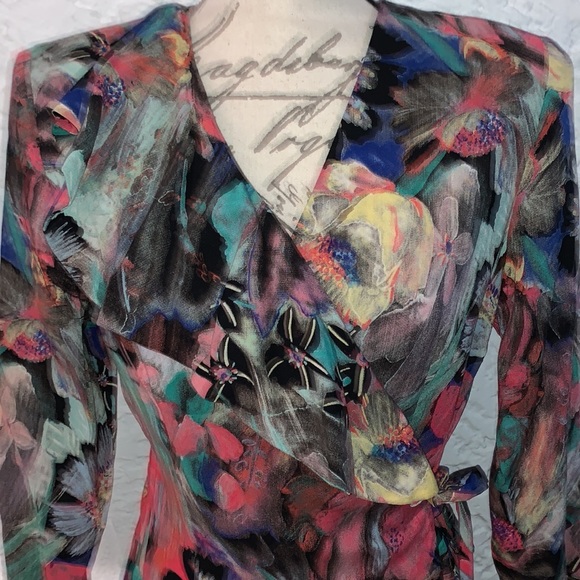 🌼Vintage Multicolor Marble Floral Ruffle Side Tie Pencil Dress - Picture 11 of 12